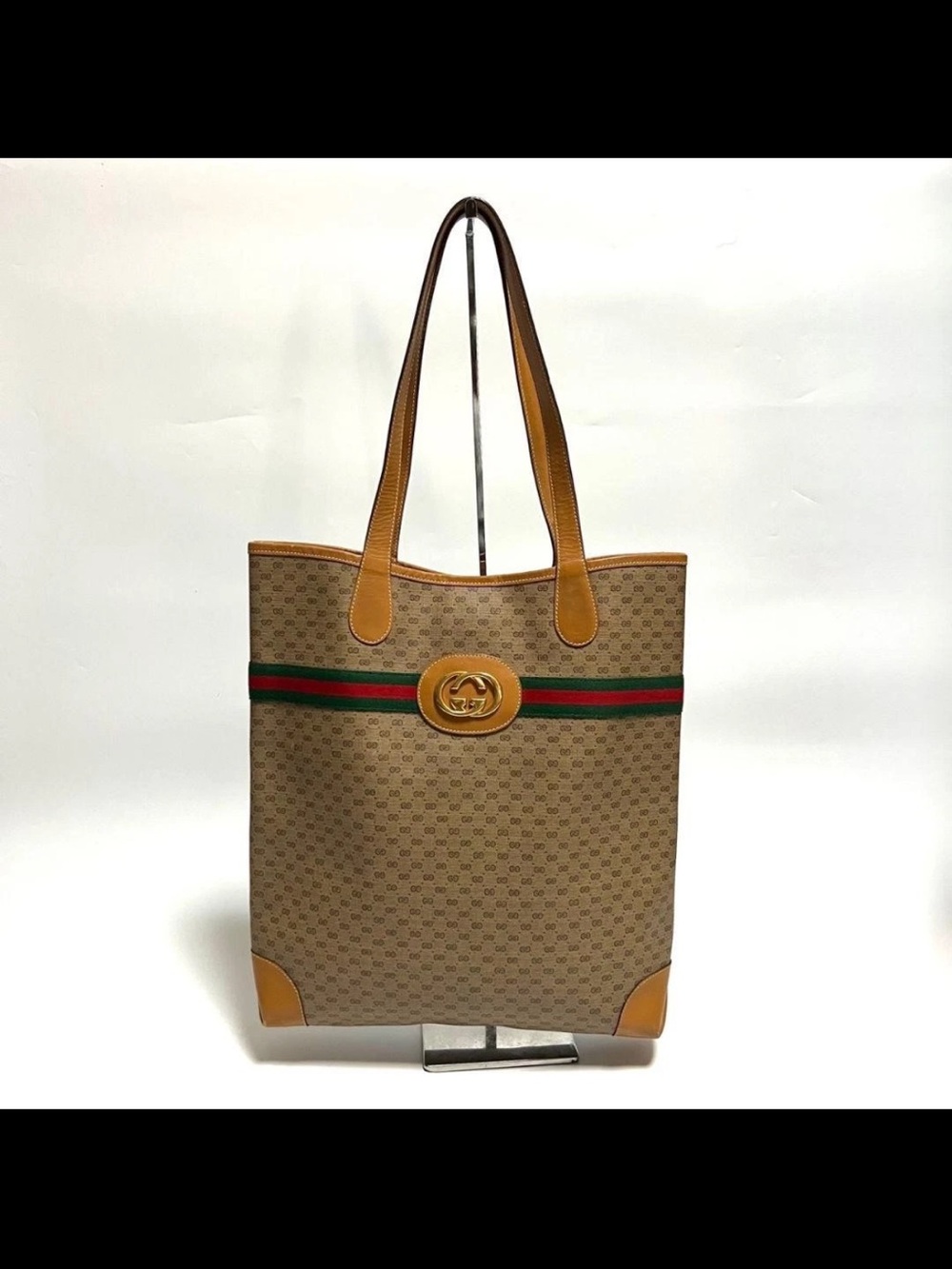Gucci Beige Brown GG Canvas Tote with Green-Red Web Stripe - Picture 2 of 14